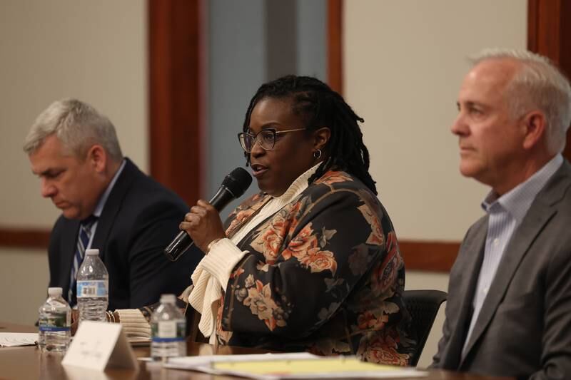 Joliet mayor candidate Tycee Bell speaks at a forum for the candidates at the Joliet Public Library on Tuesday, March 28th, 2023 in Joliet.