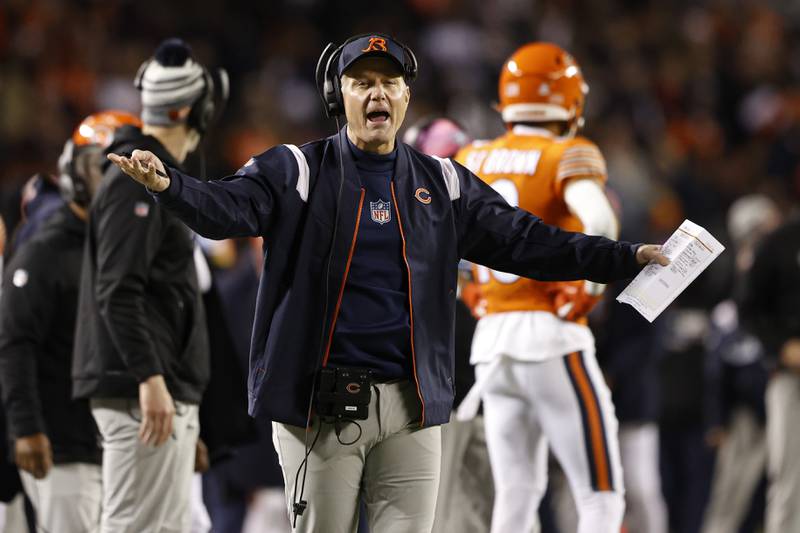 Chicago Bears head coach Matt Eberflus reacts during the first half against the Washington Commanders, Thursday, Oct. 13, 2022, in Chicago.