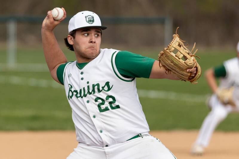 Alan Spencer (22) of St. Bede pitches on Thursday, April 10, 2025 at St. Bede High School in Peru.