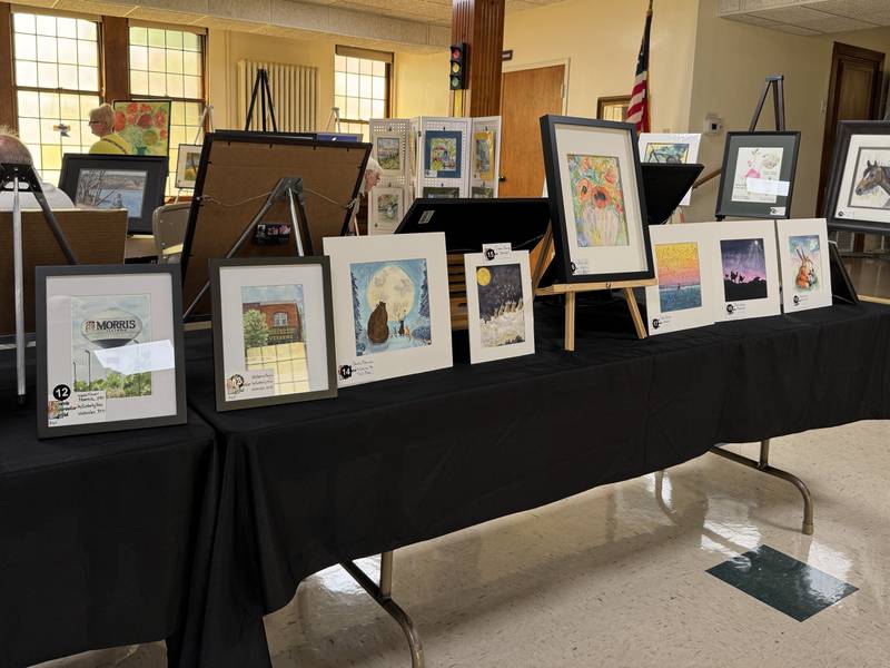 A collection of paintings from members of the Morris Watercolor Guild at First United Methodist Church, 118 W. Jackson St., on Saturday, Aug. 16, 2025.