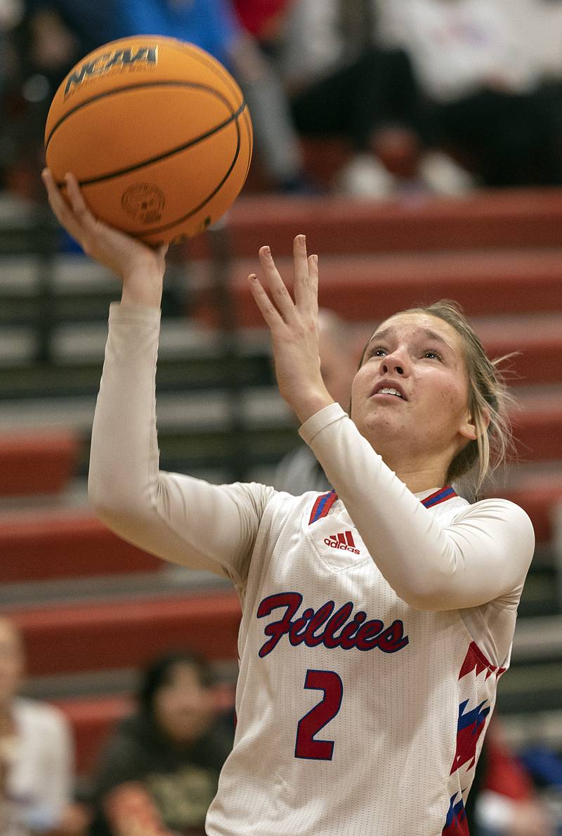 Morrison’s Kaylee Pruis puts up a shot against Milledgeville Wednesday, Jan. 22, 2025.