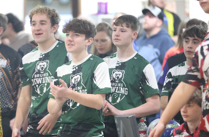 Members of the St. Bede bowling team watch a teammate bowl on Friday, Jan. 16, 2026 at the Illinois Valley Super Bowl in Peru.