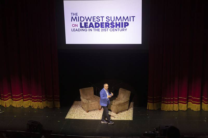 Dixon city manager Danny Langloss introduces the next speaker Thursday, May 18, 2023 at the Midwest Summit on Leadership held at the Historic Dixon Theatre.