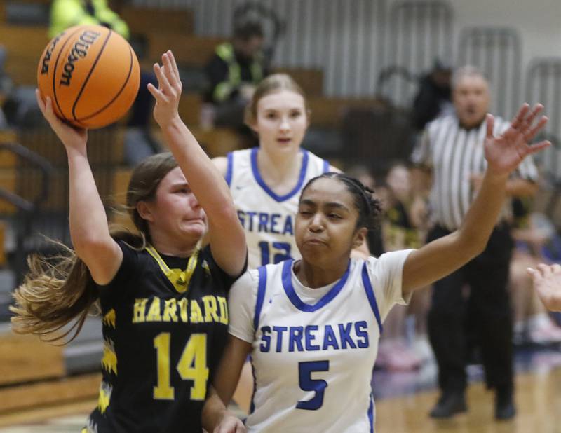 Harvard's Olivia Nulle tries to drive the baseline against Woodstock's Salome Freites-Alvarado during a Kishwaukee River Conference girls basketball game on Monday Jan. 12, 2026, at Woodstock High School.