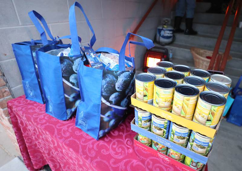 Some of the items donated to the Stage Coach Players outreach committee at the theater in DeKalb Tuesday, Nov. 15, 2022, for their Thanksgiving food drive. The group is working with the Salvation Army to put together Thanksgiving meals for local families in need.