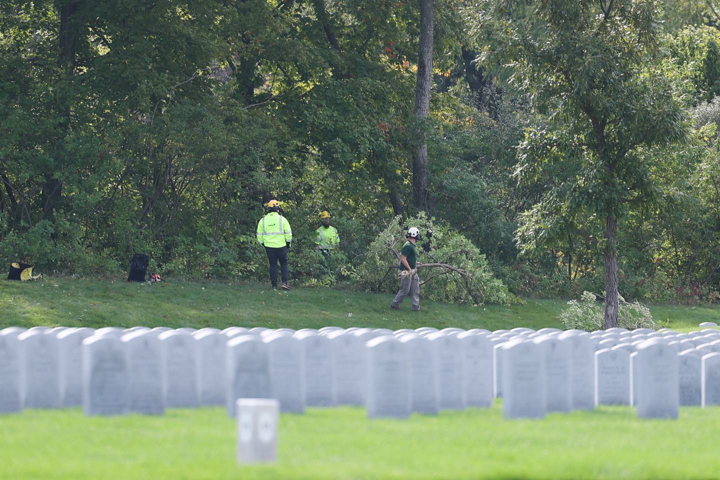 Volunteers from Abbott Tree Care Professionals work on clearing brush at the Abraham Lincoln National Cemetery on Wednesday, Sept. 20, in Elwood.