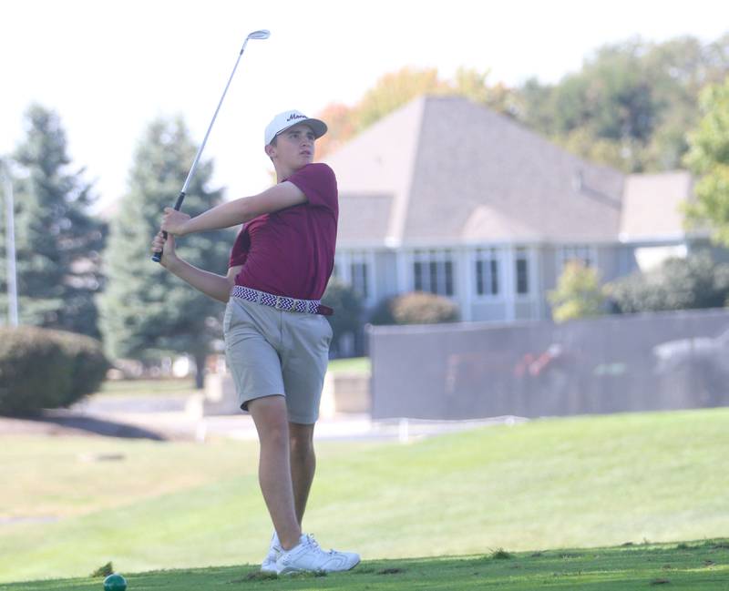 Morris's Braden Wickkiser tees off during the Pirate Invitational on Monday, Sept. 15, 2025 at Deer Park Golf Club in Oglesby.