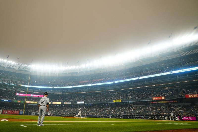 New York Yankees pitcher Clarke Schmidt pitches to Chicago White Sox shortstop Tim Anderson during the first inning, Tuesday, June 6, 2023, in New York.