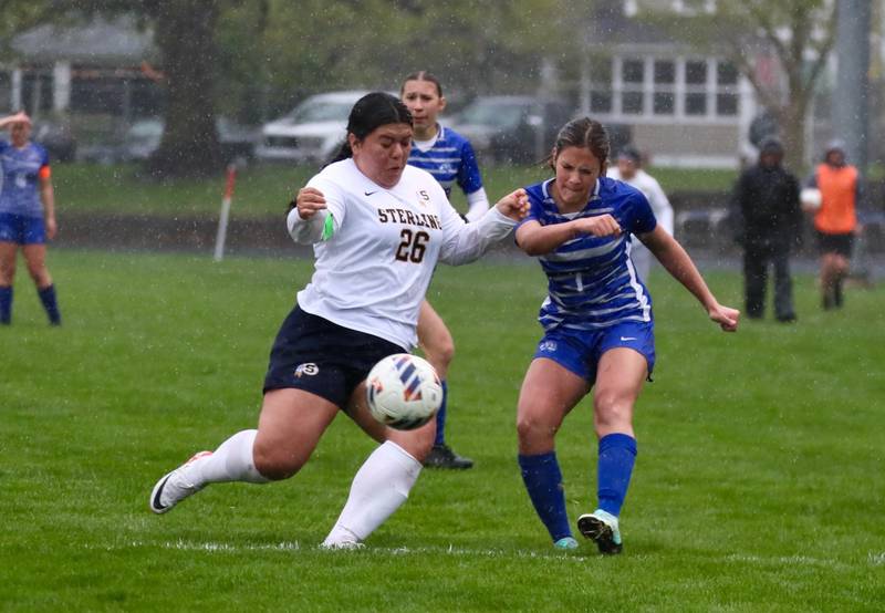 Sterling's Michelle Diaz and Princeton's Olivia Sandoval battle for the ball Thursday at Bryant Field. The Tigresses won 3-1.