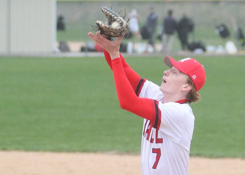 Hall's Lucas Farabaugh makes a catch against Ottawa on Tuesday, April 1, 2025 at Ottawa High School.