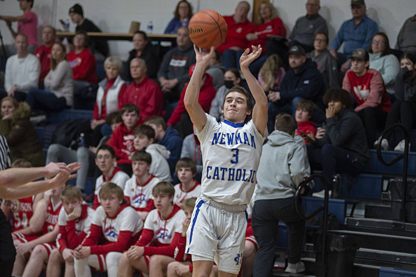 Newman’s Ayden Batten puts up a shot against Morrison on Monday, Feb. 14, 2022.
