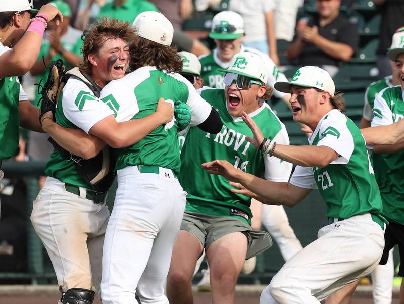 Providence players celebrate after their Class 4A state semifinal win over Edwardsville Friday, June 7, 2024, at Duly Health and Care Field in Joliet.