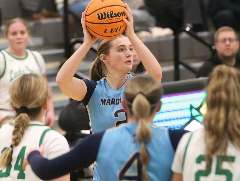 Marquette's Kinley Rick looks to pass the ball against Seneca on Thursday, Feb. 5, 2026 at Seneca High School.