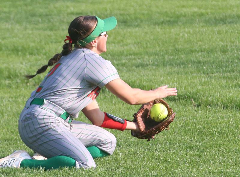 L-P's Karmen Piano makes a diving catch in center field against Ottawa on Tuesday, April 14, 2026 at Ottawa High School.