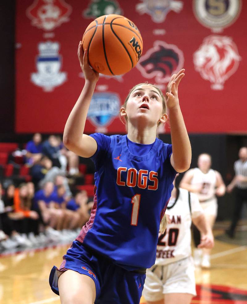 Genoa-Kingston's Presley Meyer gets a layup Monday, Dec. 8, 2025, during their game at Indian Creek High School in Shabbona.
