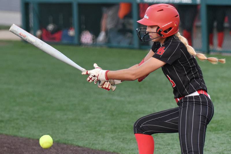 Bradley-Bourbonnais' Bella Pusateri hits a pitch during the Class 4A Illinois Wesleyan Supersectional against Lockport Monday, June 9, 2025.