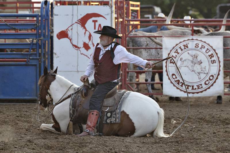 Rawhide and Dusty put on a show Thursday, August 7, 2025, at Carroll County Fair’s T and A Bucking Bulls Rodeo.