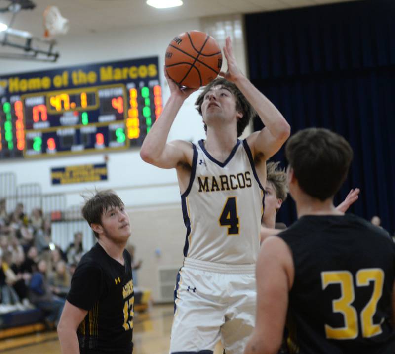 Polo's Brock Soltow shoots against Ashton-Franklin Center on Tuesday, Jan. 2, 2024 at Polo High School.