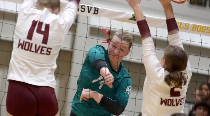 Woodstock North’s Devynn Schulze hits the ball against Prairie Ridge in IHSA Class 3A Sectional semifinal volleyball action on Tuesday, Nov. 5, 2024, at  Crystal Lake South High School  in Crystal Lake.