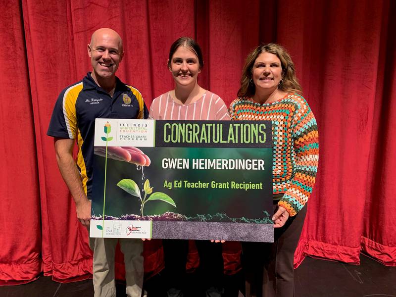 Streator High School agriculture teacher Gwen Heimerdinger (center) received an ag ed teacher grant for her classroom. She is pictured with (from left) Riley Hintzsche, who also teaches in the high school's agriculture program, and Principal Amy Jo Mascal.