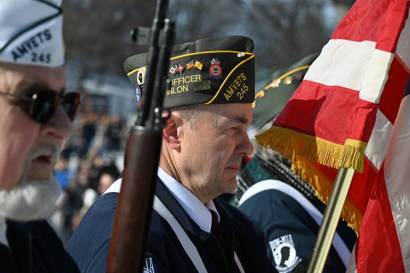 Patrick Finlon of Cary and of the AmVets Post #245 of Cary Grove holds the American flag for the opening ceremony of the Norge Ski Jump 121st Annual Winter Tournament on Feb. 1, 2026 at the Norge Ski Club, 100 Ski Hill Road, Fox River Grove.