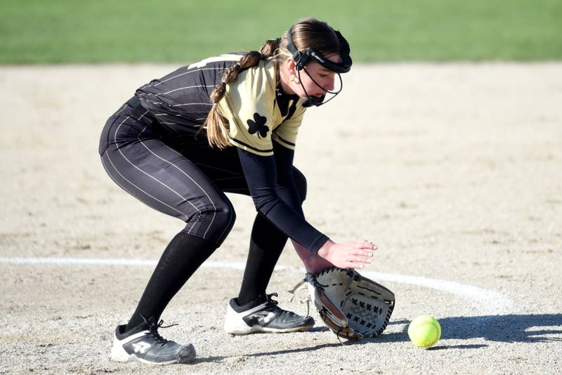 Bishop McNamara's Joslynn Dole fields a grounder during a home game against Aurora Christian Tuesday, April 8, 2025.