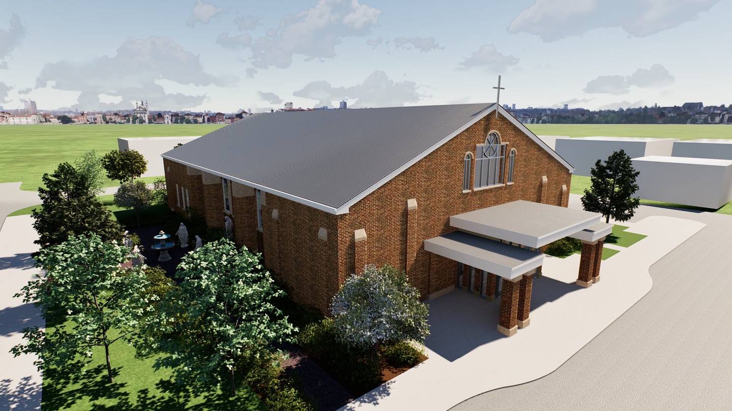 An architectural rendering shows the proposed new St. Michael the Archangel Church, which would be built in the parking lot at the current St. Mary’s Church site, 804 E. Broadway St., Streator.