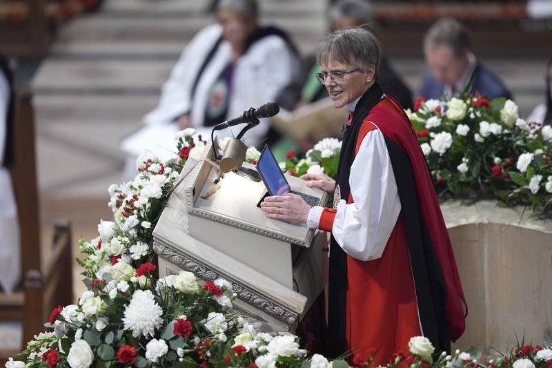 Rev. Mariann Budde leads the national prayer service attended by President Donald Trump at the Washington National Cathedral, Tuesday, Jan. 21, 2025, in Washington. (AP Photo/Evan Vucci)