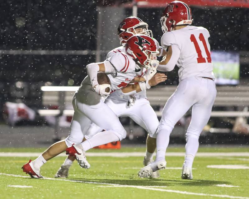 Yorkville's Daniel Kraus (7) runs back an interception during football game between Yorkville at Plainfield East Friday, Sept 19, 2025 in Plainfield.