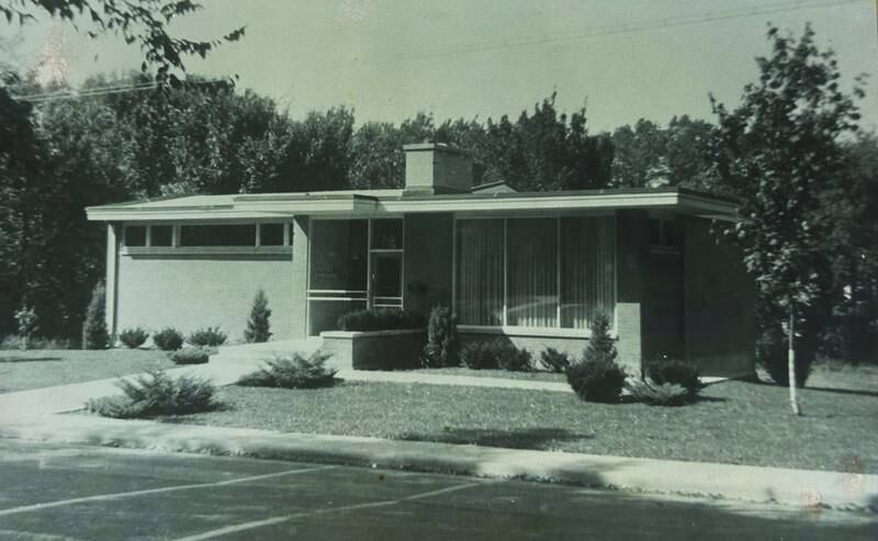 Crystal Lake Public Library's first building of its own. Built in 1952 on Paddock Street (on the same site the library stands now). It was a 2,316-square-foot building and cost about $30,000 to build.
