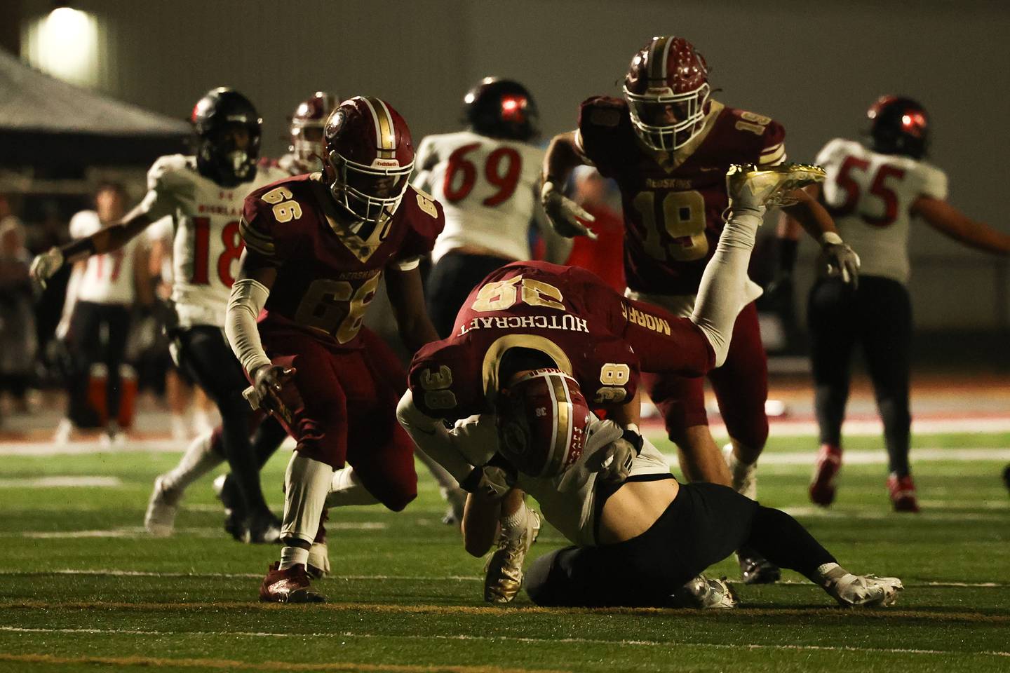 Morris’ Hayden Hutchcraft sacks Highland’s Blake Gelly on Saturday, Nov. 9, 2024 in Morris.