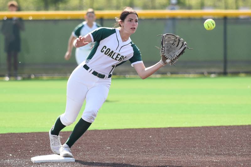 Coal City's Sierra Anderson fields a throw at second base during the Class 2A Coal City Regional championship against Bishop McNamara Friday, May 23, 2025.