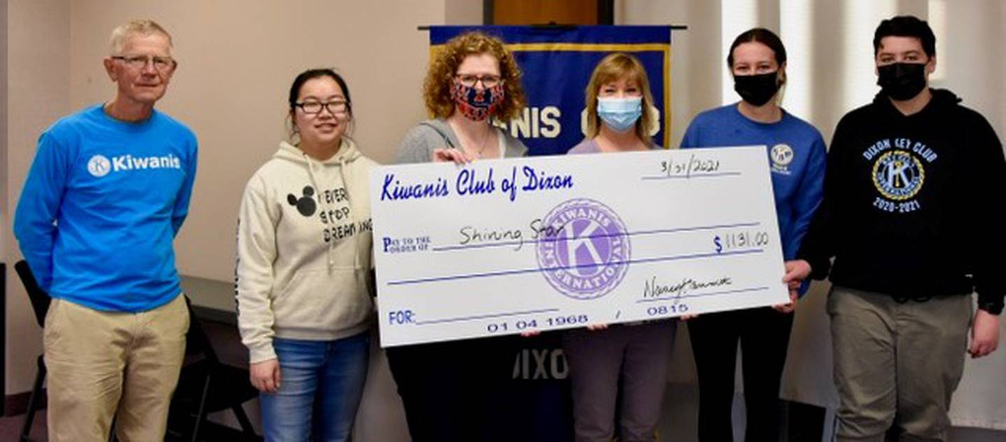 Shining Star also received a donation. Pictured at Shining Star on April 21 are (from left) John Holthaus, Kiwanis member, Ryver Rice, Builder’s Club advisor, Nancy Hammitt, Kiwanis president, Melissa Fulkers of Shining Star, and Ellenor Zimmerman and Sam Zimmerman of the Key Club.