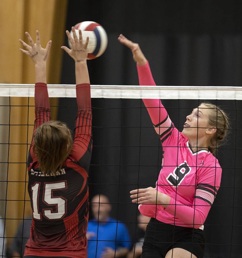 Rock Falls’ Kayla Hackbarth spikes against Stillman Valley Tuesday, October 8, 2024 at Rock Falls High School.