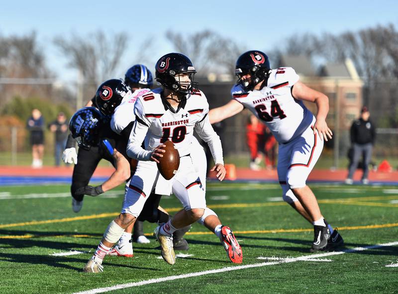 Barrington's quarterback Nick Peipert looks down field for a receiver during the IHSA class 8A semifinals playoff game against Lincoln-Way East on Saturday, Nov. 18, 2023, at Frankfort. (Dean Reid for Shaw Local News Network)