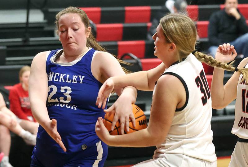 Hinckley-Big Rock's Sami Carlino and Indian Creek's Madison Boehne go after a loose ball during their game Monday, Jan. 13, 2025, at Indian Creek High School in Shabbona.