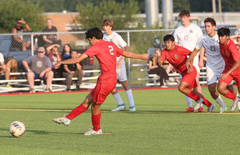 L-P's Adrian Gonzalez scores on a penalty kick against Kaneland on Monday, Aug. 28, 2023 at the L-P Athletic Complex in La Salle