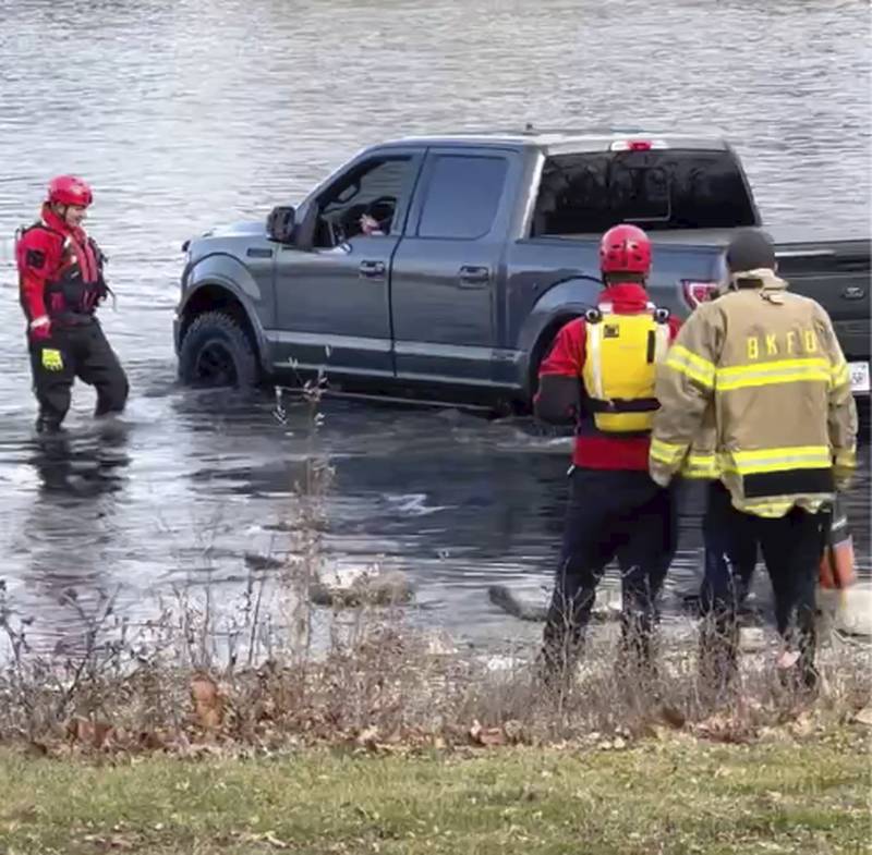 A Ford F-150 ended up in the Fox River near downtown Yorkville Friday morning, Dec. 2, 2022. Firefighters from the Bristol-Kendall Fire Protection District responded to the scene and were able to back it up out of the river.