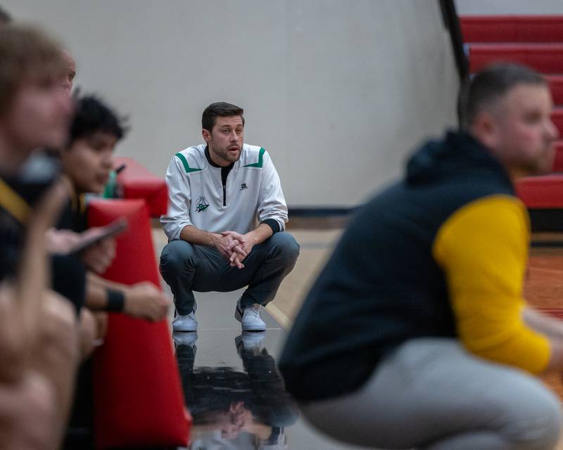 Rock Falls Head Coach, Zach Sandrock watches game during the Colmone Classic on Monday, December 8, 2025 at Hall High School in Spring Valley.