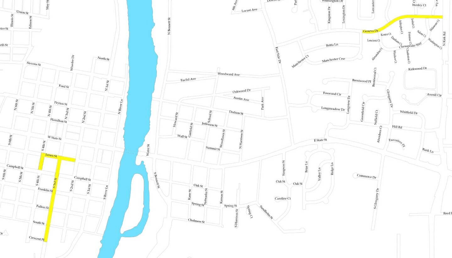 Map of where the city of Geneva will be replacing underground electric cable in starting in March.