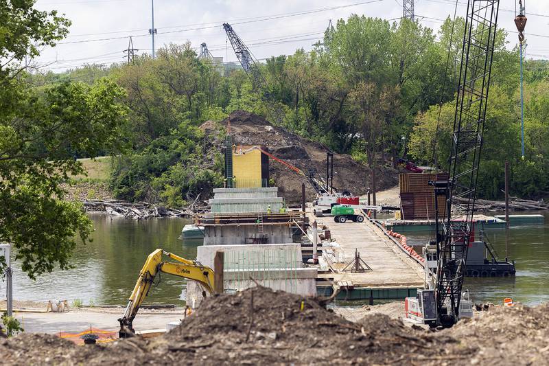 A look south along the building of the pedestrian bridge Tuesday, May 13, 2025, in Dixon.
