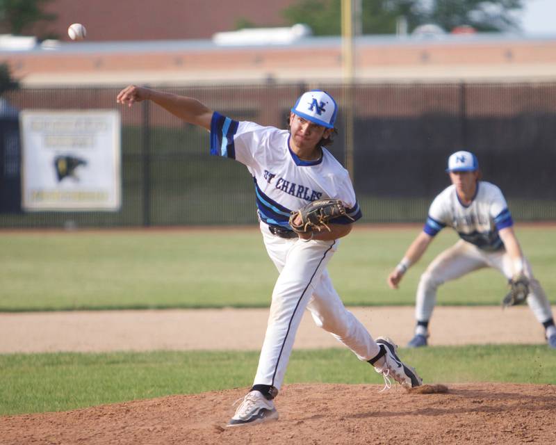 St. Charles North's Liam Ruane delivers a pitch against York at the Class 4A Sectional Final on Friday May 31, 2024 in St. Charles.