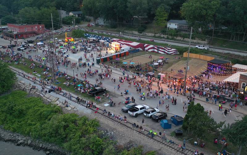 An aerial view of Water Street packed with people for the Independence Day fireworks on Thursday, July 3, 2025 in Peru.