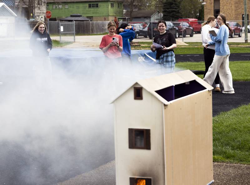 The largest of the model homes during the burn Tuesday, April 22, 2025, was made with wood and drywall so accurate fire behavior patterns should offer great insight for the class.