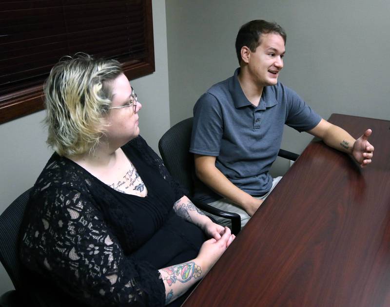 Ash Rootes and Beck Garcia, from DeKalb Mutual Aid, talk Tuesday, June 10, 2025, about their focus for the future of the local nonprofit group.
