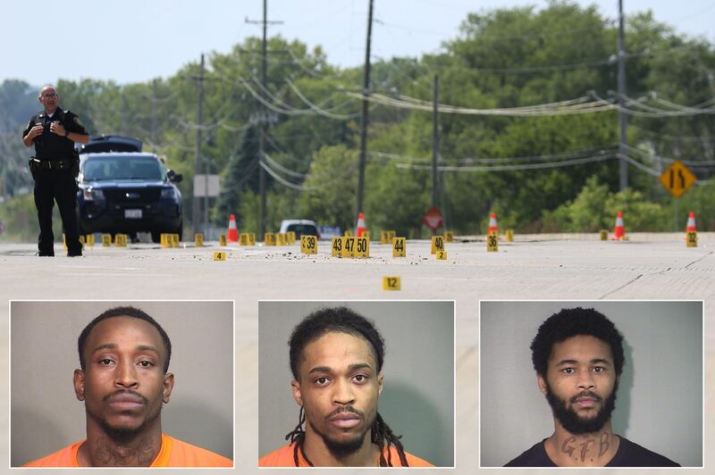 Dozens of yellow evidence markers were placed in the intersection of Route 31 and Bull Valley Road in McHenry after officers responded to a report of shots fired in the area Sunday, Aug. 29, 2021. Charged in connection with the episode are, left to right, Dante L. Terrell Jr., Deontae M. Wade and Davontae L. Newkum.