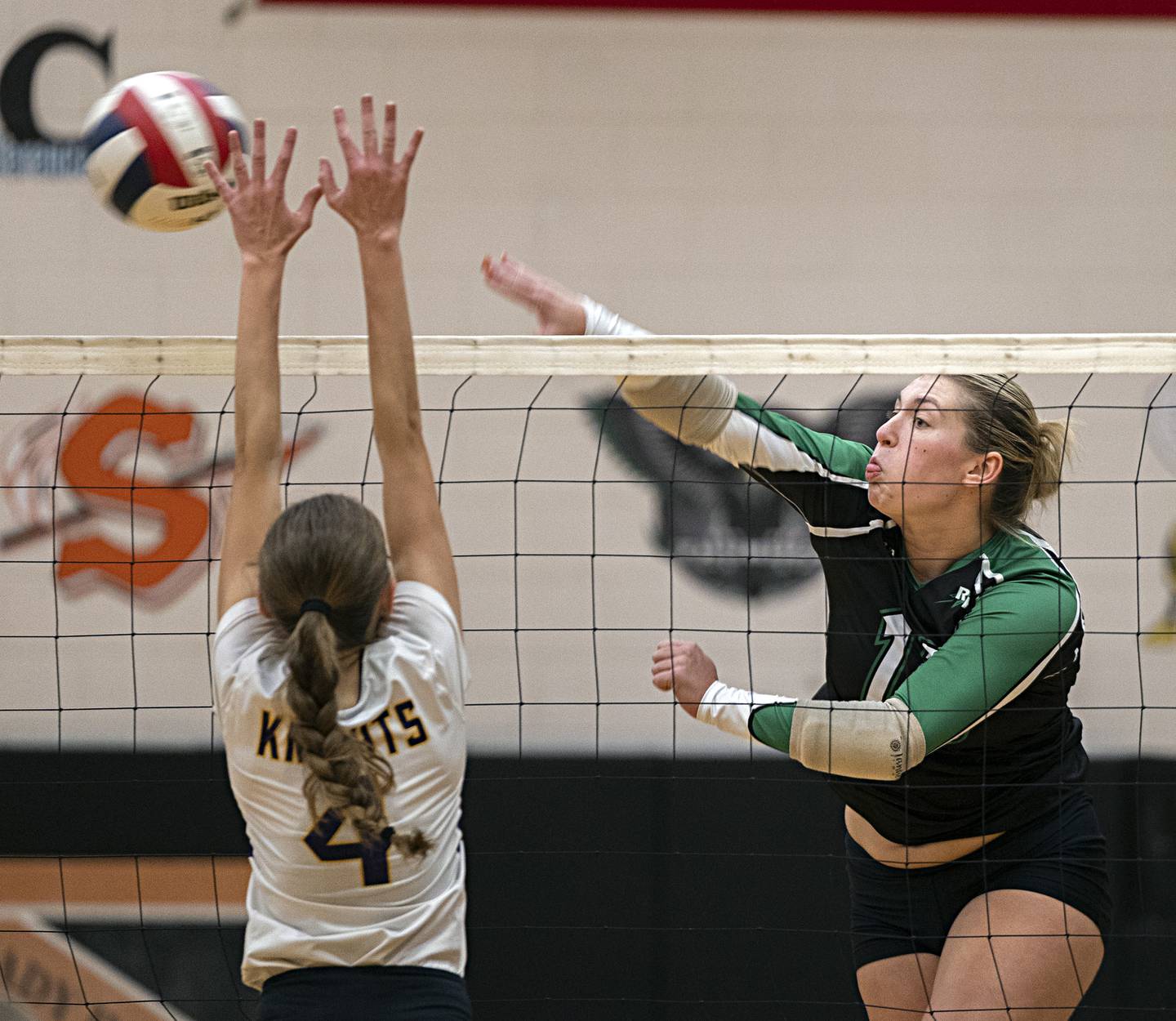 Rock Falls’ Claire Bickett spikes the ball against Chicago Christian Friday, Nov. 3, 2023 in the class 2A volleyball supersectional in Sandwich.