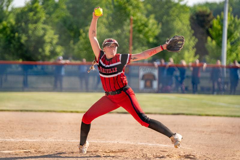 Yorkville's Madi Reeves (2) delivers a pitch during the Class 4A Oswego softball sectional final game between Yorkville and Wheaton Warrenville South at Oswego High School on Friday, June 2, 2023.