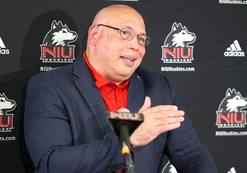Northern Illinois University Vice-President and Director of Athletics & Recreation Sean Frazier speaks Tuesday, Aug. 9, 2022, during NIU Fall Sports Media Day in the Hall of Champions at NIU.