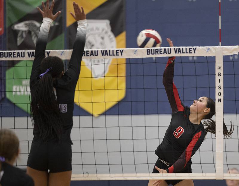 Erie-Prophetstown’s Ashlyn Johnson against El Paso-Gridley Thursday, Nov. 7, 2024, during the class 2A volleyball sectional championship at Bureau Valley High School.